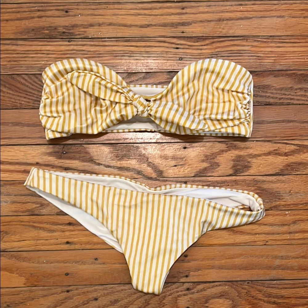 Tori Praver Yellow and White Striped Bikini